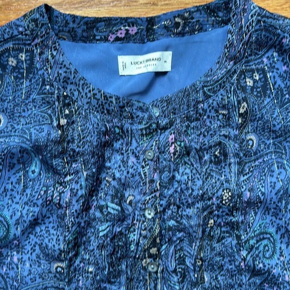 Lucky Brand Floral Paisley Shirt Dress Women’s Medium Metallic Boho Oversized - Picture 3 of 4